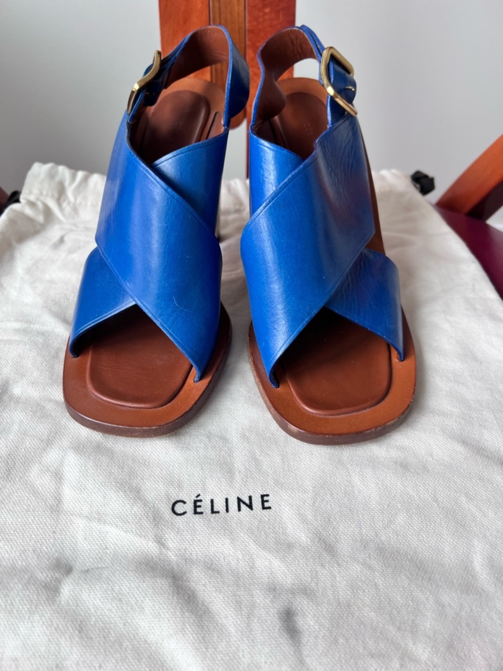 Celine Electric Blue Leather Crisscross Slingback Sandals With Silver Heels